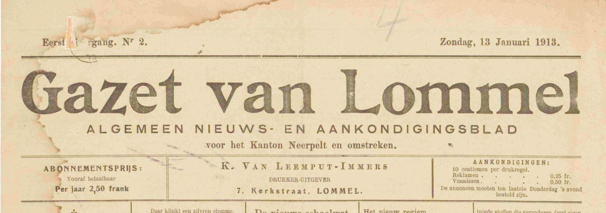Tweede nummer 'Gazet van Lommel' - 13 januari 1913
